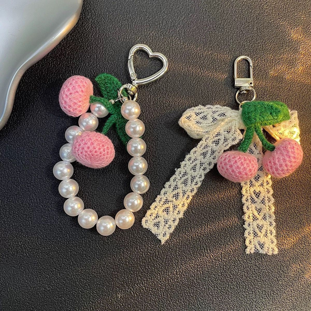 Knitted Cherry with Pearls KeyChain