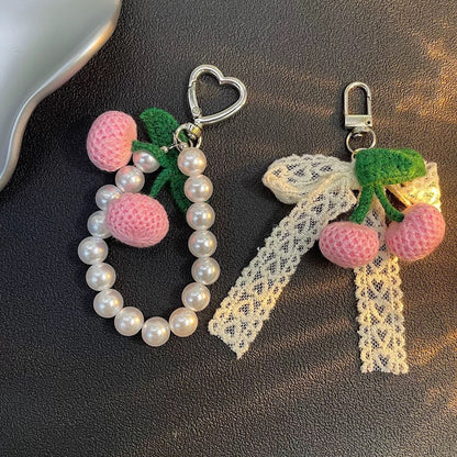 Knitted Cherry with Pearls KeyChain