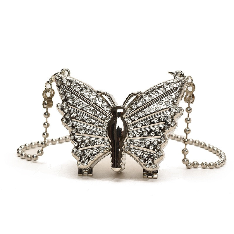 Diamond Butterfly Metal Mini Clutch - Silver