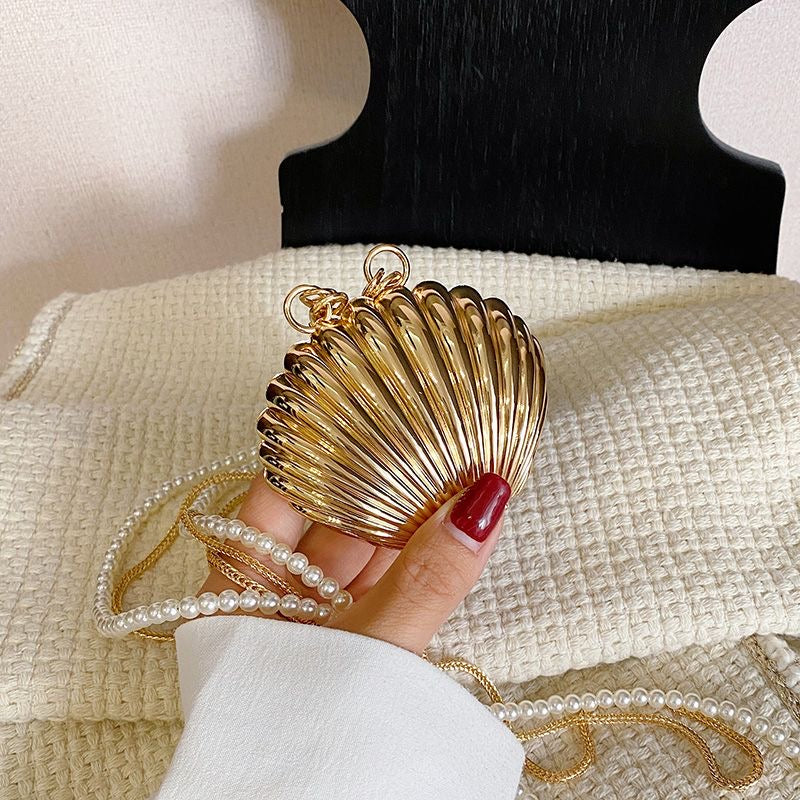 Shell Double Chain Mini Metal Clutch - Gold