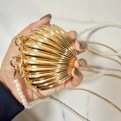 Shell Double Chain Mini Metal Clutch - Gold