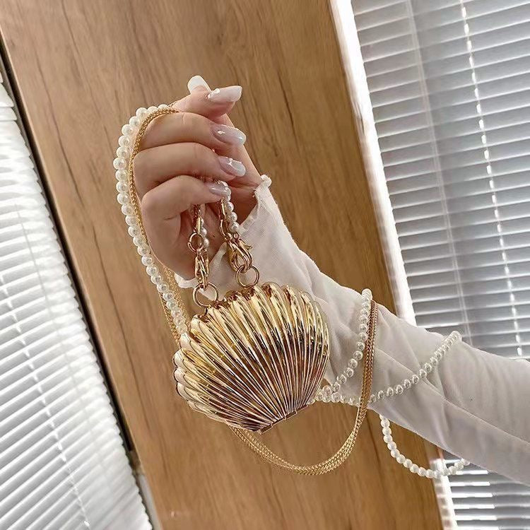 Shell Double Chain Mini Metal Clutch - Gold