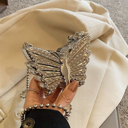 Diamond Butterfly Metal Mini Clutch - Silver