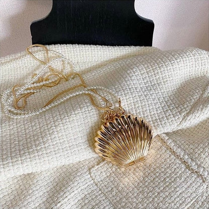 Shell Double Chain Mini Metal Clutch - Gold