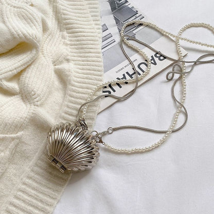 Shell Double Chain Mini Metal Bag - Silver