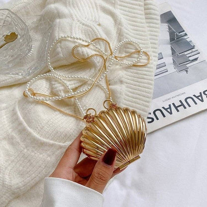 Shell Double Chain Mini Metal Clutch - Gold